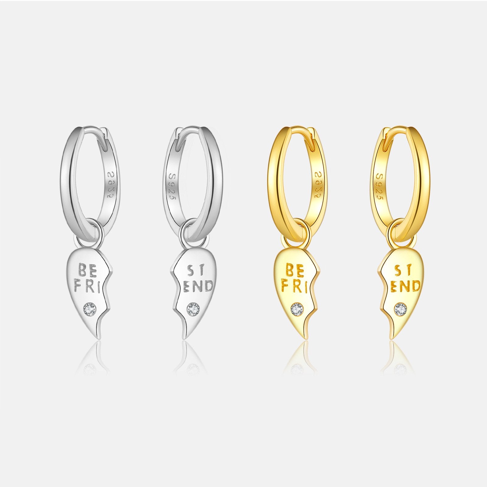 925 Sterling Silver Zircon Best Friend Heart Drop Huggie Hoop Earrings (color option)