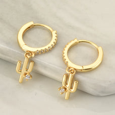 925 Sterling Silver Zircon Cactus Huggie Hoop Dangle Earrings (color option)