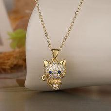 Luxury Style Cute Gold Color Zircon Cat Pendant Necklace