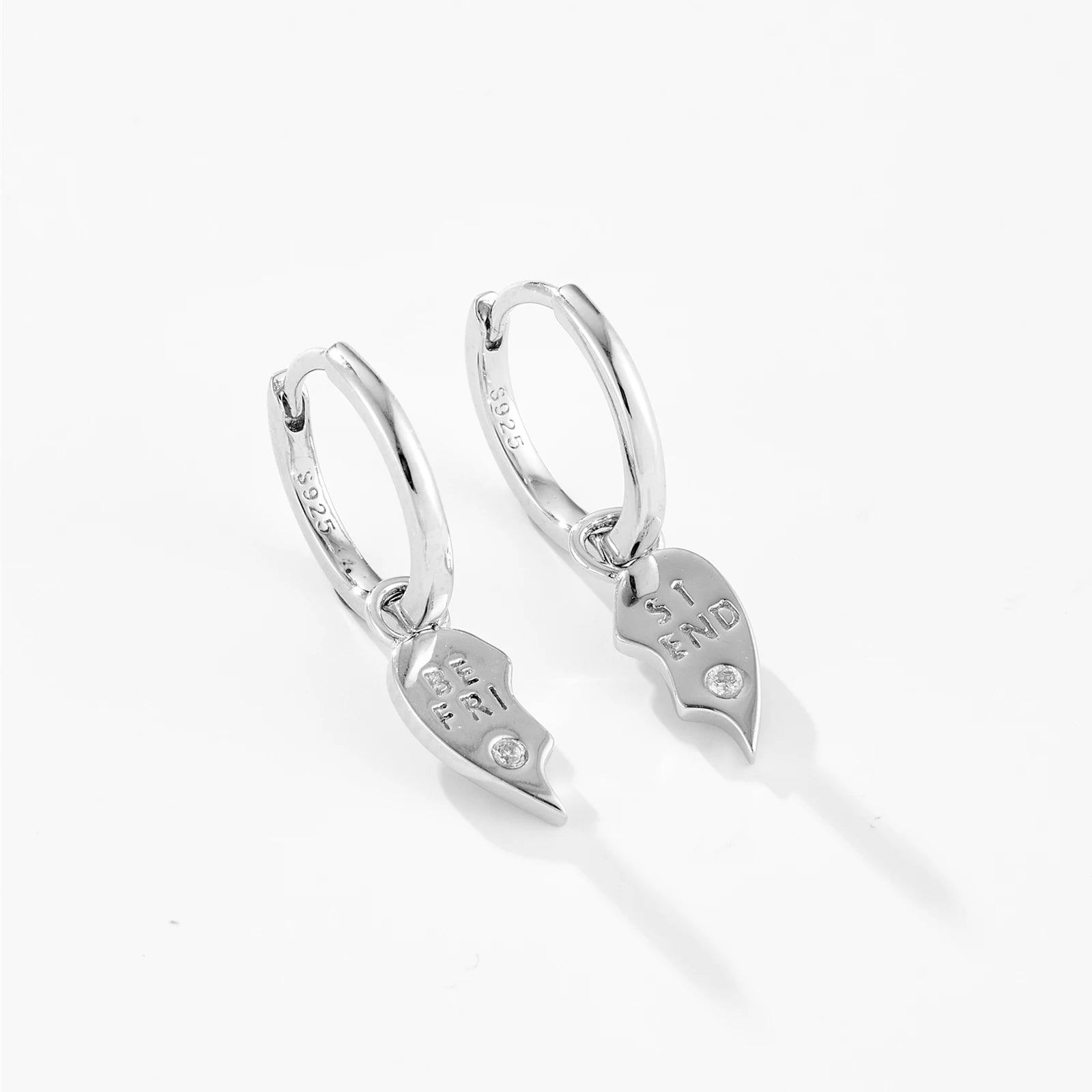 925 Sterling Silver Zircon Best Friend Heart Drop Huggie Hoop Earrings (color option)