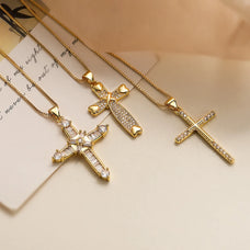 Classic Style Gold Color Plated Zircon Cross Pendant Necklace (style options)
