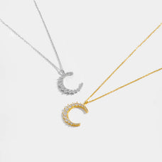 925 Sterling Silver Zircon Crescent Moon Pendant Necklace (color options)