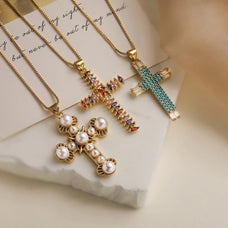 Gold Color Plated Vintage Style Zircon Cross Necklace (design options)