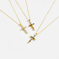 925 Sterling Silver Colorful Zircon Cross Pendant Necklace (color options)