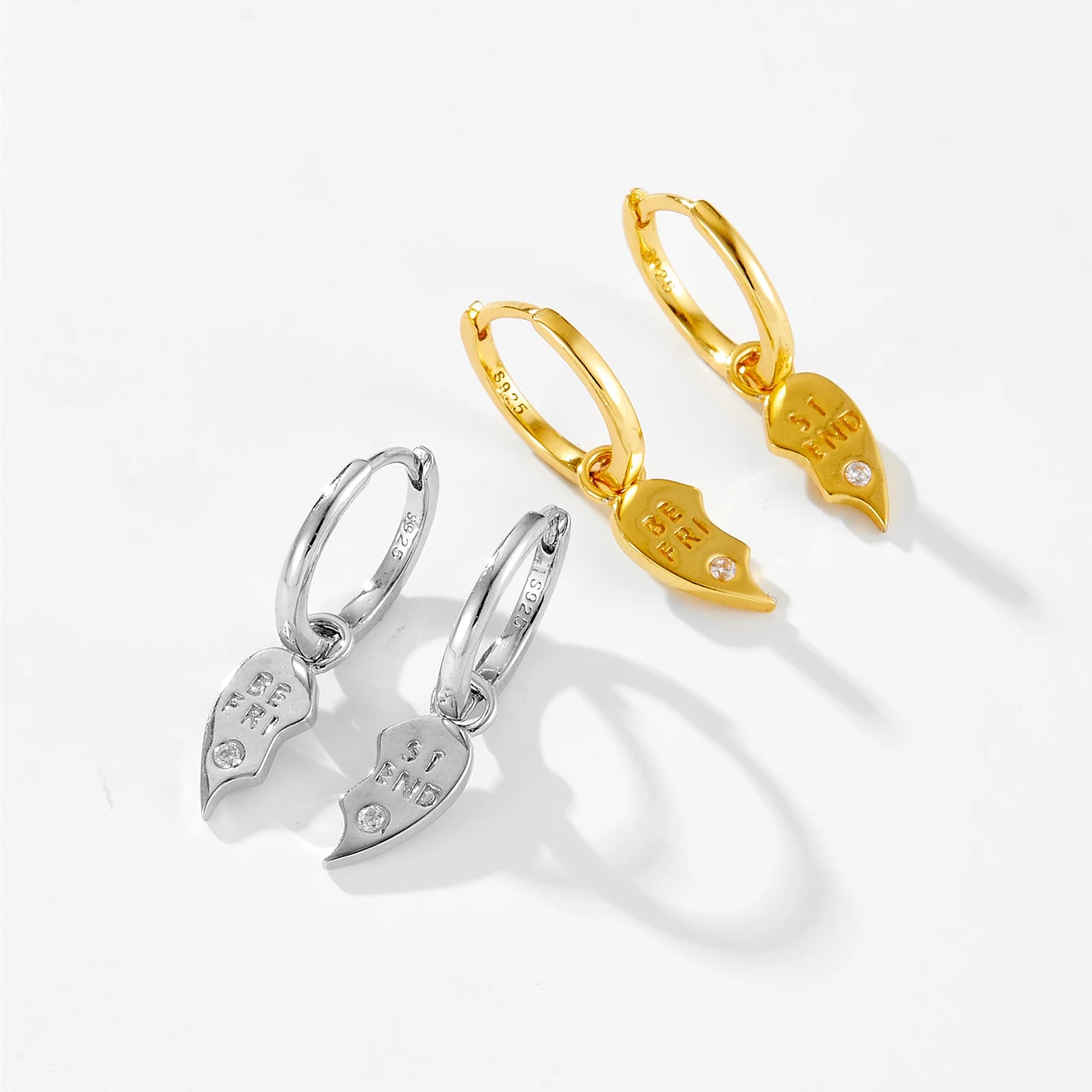 925 Sterling Silver Zircon Best Friend Heart Drop Huggie Hoop Earrings (color option)