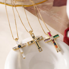 Luxury Style Gold Color Zircon Cross Pendant Necklace (design options)