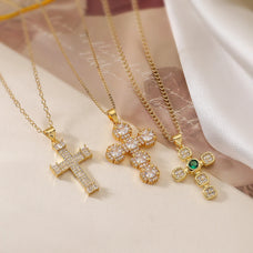 Luxury Style Zircon Gold Color Cross Pendant Necklace (design options)