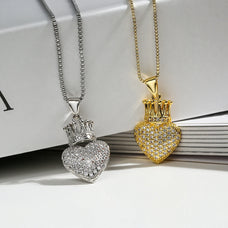 Zircon Royal Crown on Heart Pendant Necklace (color options)