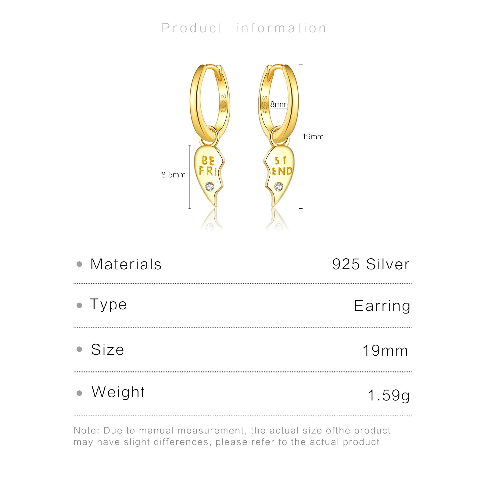 925 Sterling Silver Zircon Best Friend Heart Drop Huggie Hoop Earrings (color option)