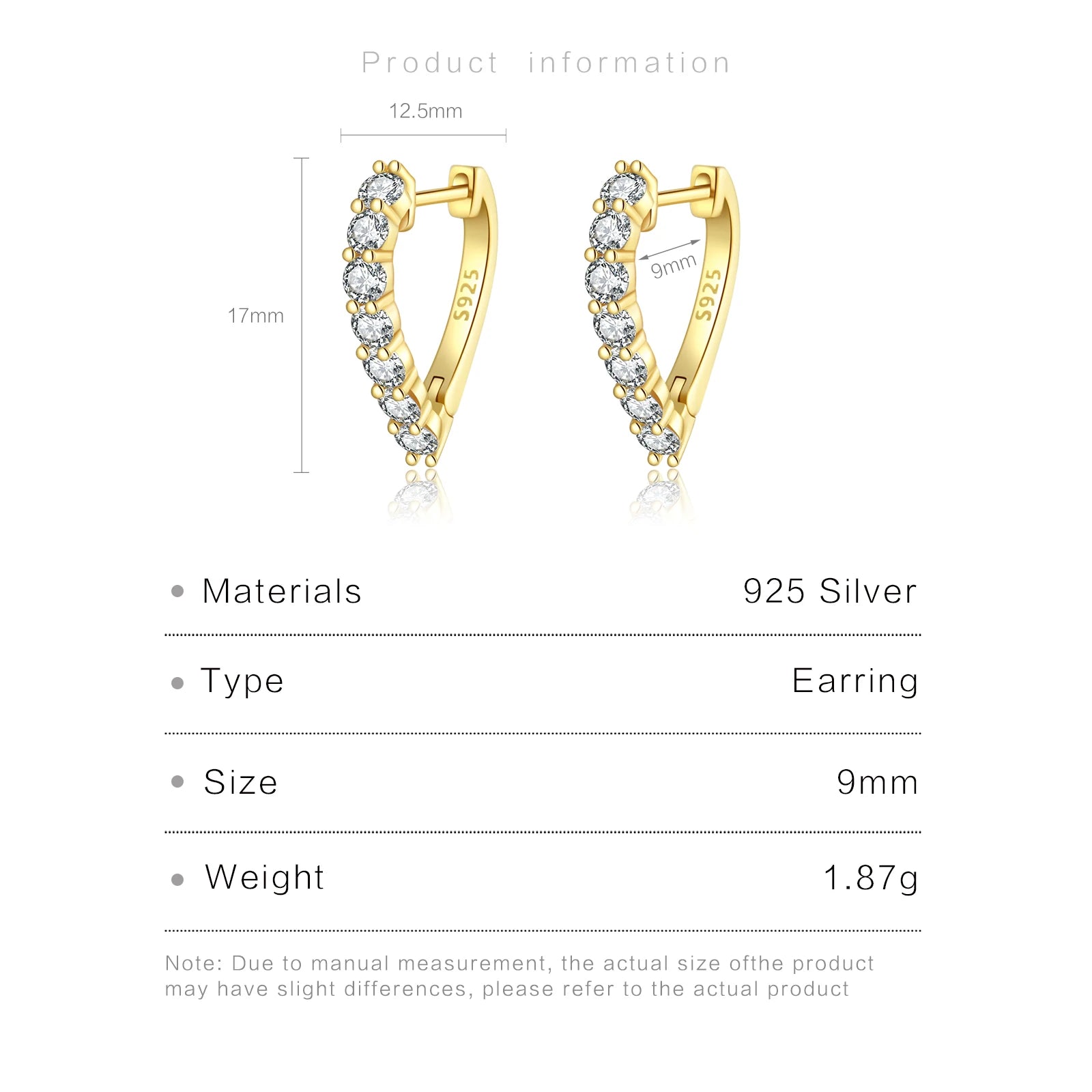 925 Sterling Silver Zircon Heart Hoop Huggie earrings (color option)