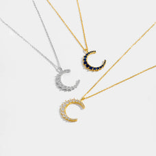 925 Sterling Silver Zircon Crescent Moon Pendant Necklace (color options)