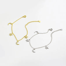 925 Sterling Silver Zircon Star and Moon Charm Bracelet or Necklace (color options)