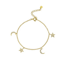 925 Sterling Silver Zircon Star and Moon Charm Bracelet or Necklace (color options)