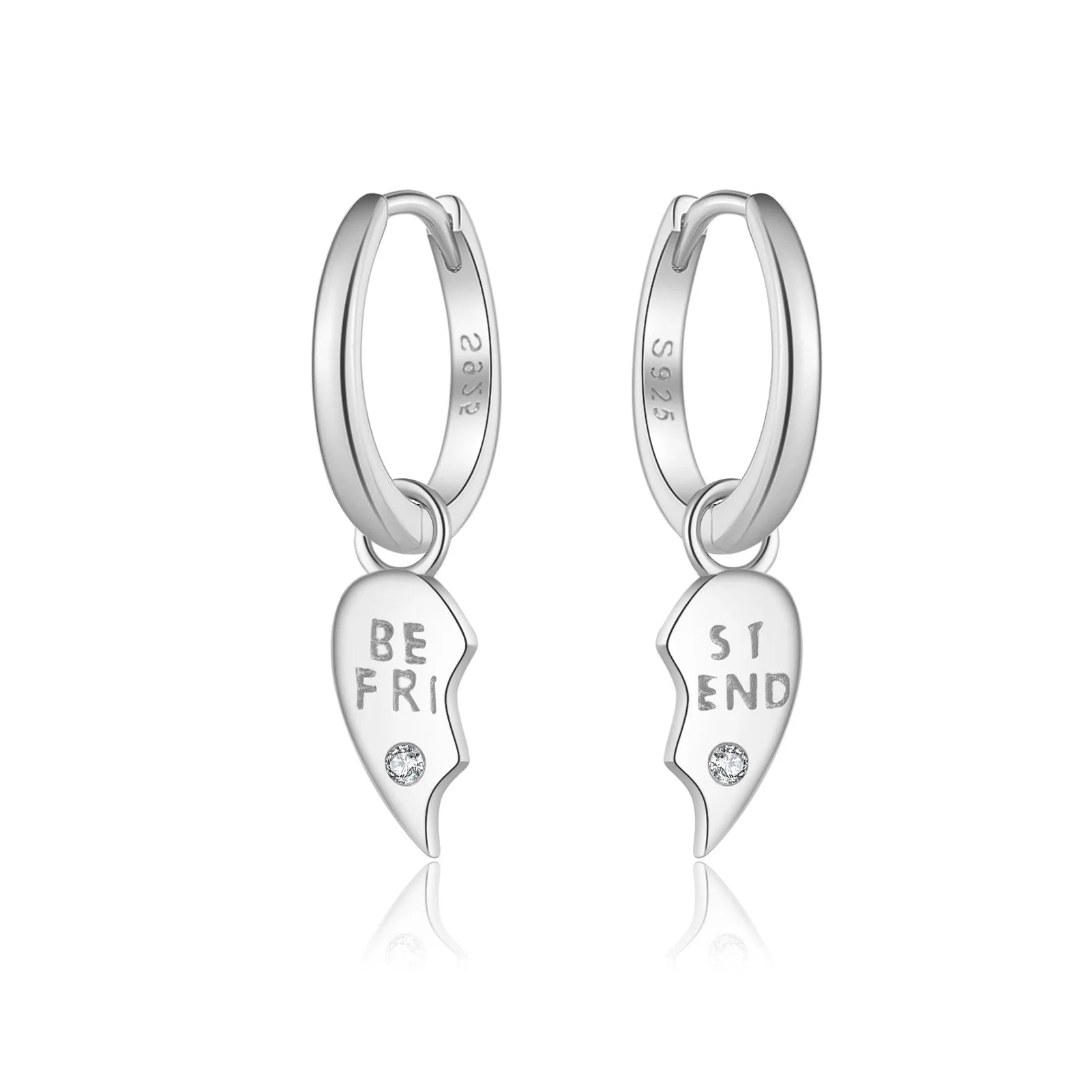925 Sterling Silver Zircon Best Friend Heart Drop Huggie Hoop Earrings (color option)